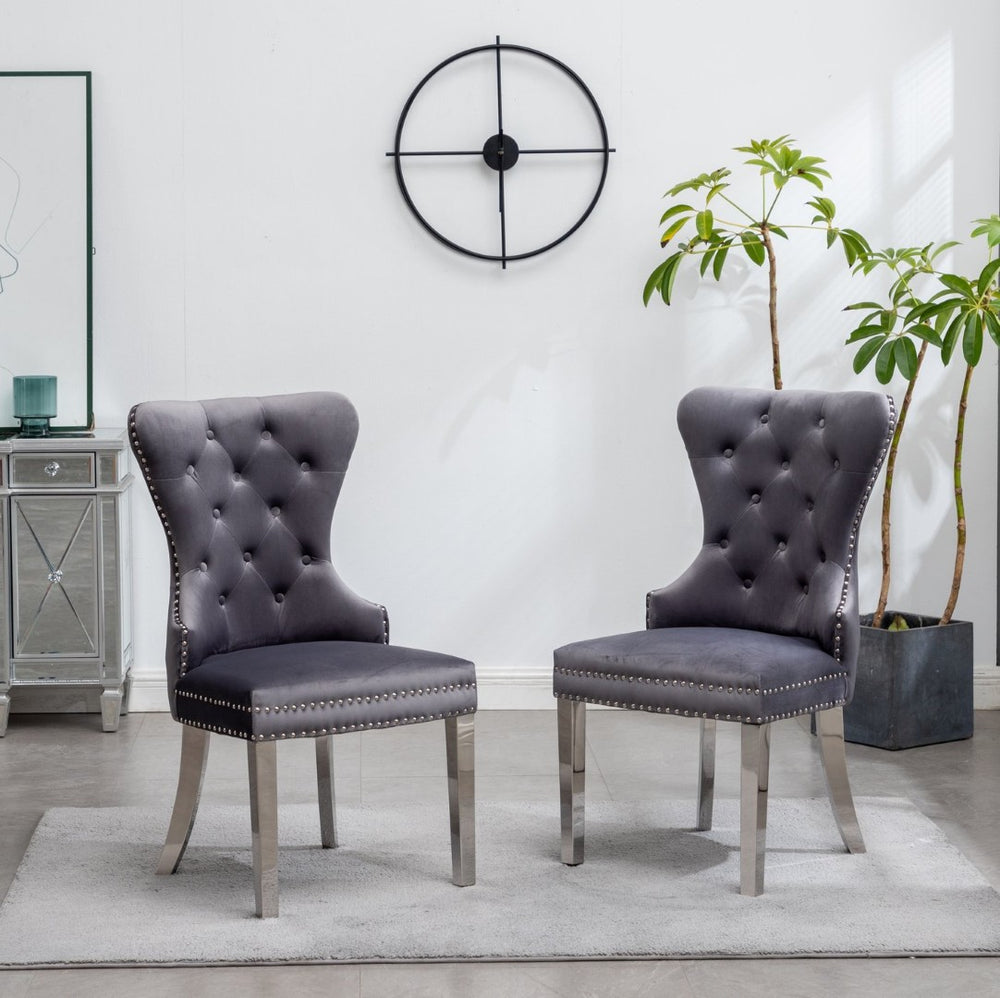 English Elm Montura Button Tufted Velvet Accent Chairs with Nailhead Trim Set of Two Gray T2574P164575