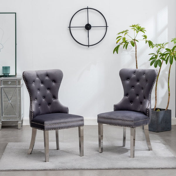 English Elm Montura Button Tufted Velvet Accent Chairs with Nailhead Trim Set of Two Gray T2574P164575