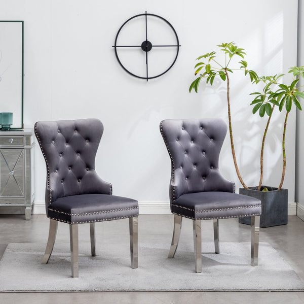 English Elm Montura Button Tufted Velvet Accent Chairs with Nailhead Trim Set of Two Gray T2574P164575