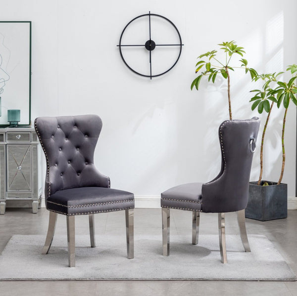 English Elm Montura Button Tufted Velvet Accent Chairs with Nailhead Trim Set of Two Gray T2574P164575