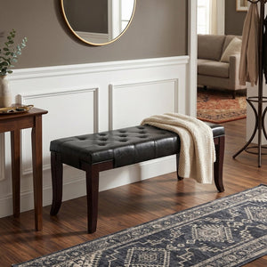 English Elm Linon Button Tufted Faux Leather Upholstered Bench with Tapered Legs for Bedroom Entry T2574P164588