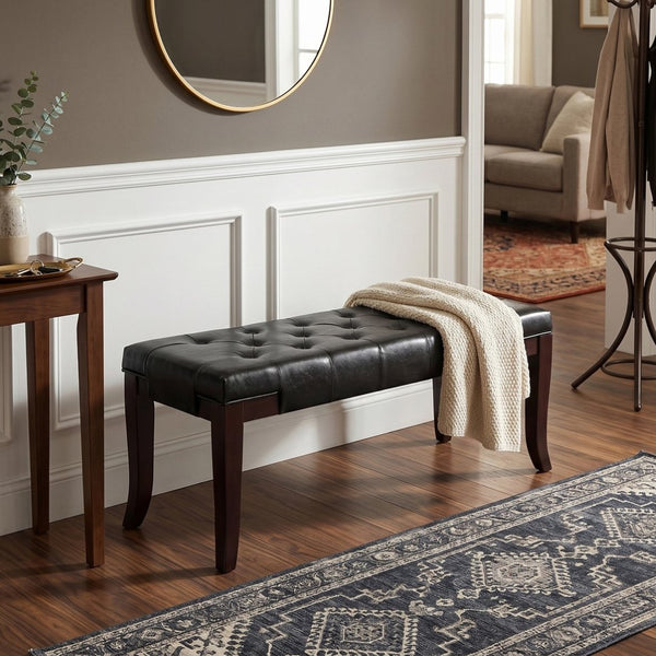 English Elm Linon Button Tufted Faux Leather Upholstered Bench with Tapered Legs for Bedroom Entry T2574P164588