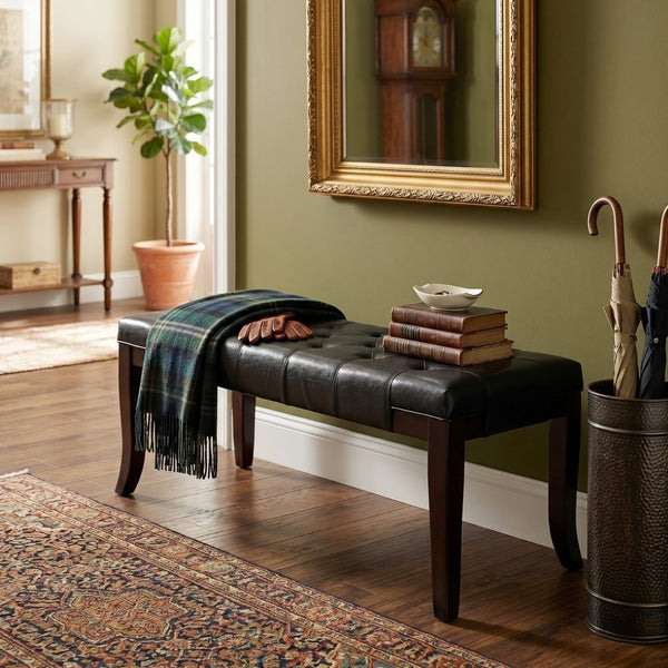 English Elm Linon Button Tufted Faux Leather Upholstered Bench with Tapered Legs for Bedroom Entry T2574P164588