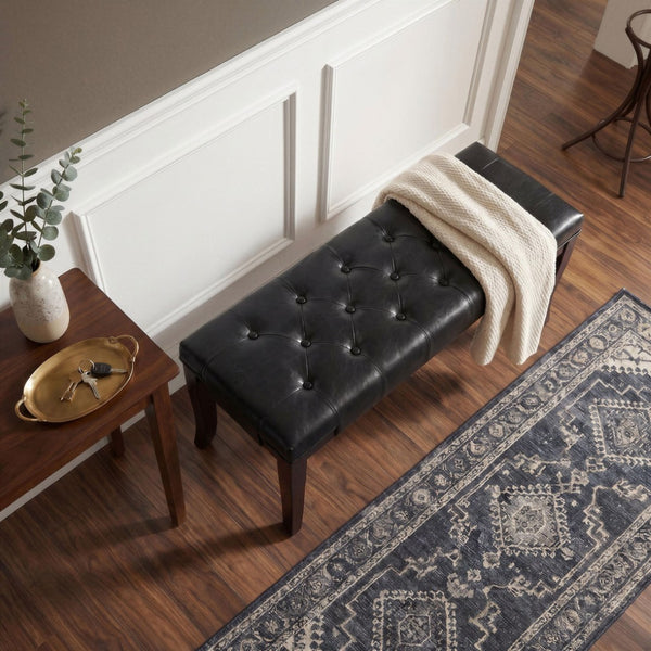 English Elm Linon Button Tufted Faux Leather Upholstered Bench with Tapered Legs for Bedroom Entry T2574P164588