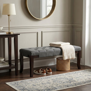 English Elm Linon Hand-tufted Gray Cotton Upholstered Bench with Espresso Tapered Wood Legs T2574P164589