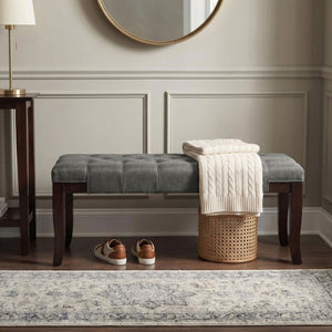 English Elm Linon Hand-tufted Gray Cotton Upholstered Bench with Espresso Tapered Wood Legs T2574P164589