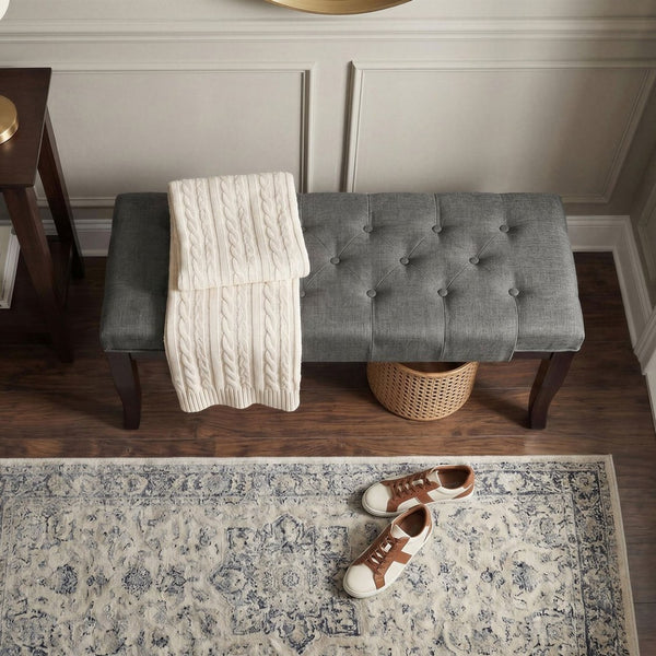 English Elm Linon Hand-tufted Gray Cotton Upholstered Bench with Espresso Tapered Wood Legs T2574P164589