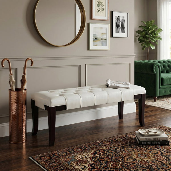English Elm Linon Button Tufted Faux Leather Upholstered Bench with Espresso Tapered Legs Bedroom T2574P164591
