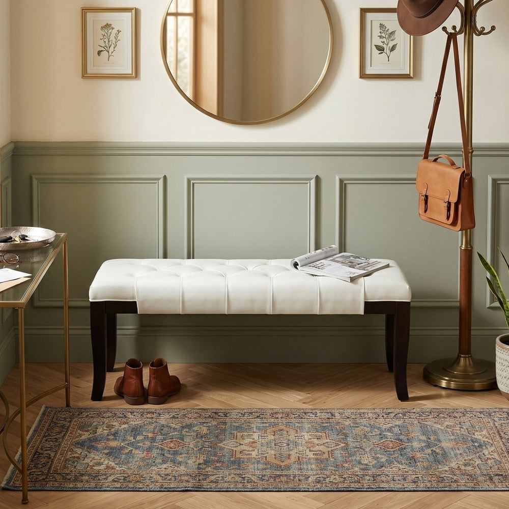 English Elm Linon Button Tufted Faux Leather Upholstered Bench with Espresso Tapered Legs Bedroom T2574P164591