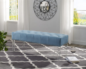 English Elm Valley Velvet Tufted Bench with Nailhead Trim and Clear Acrylic Legs for Bedroom Blue T2574P164592