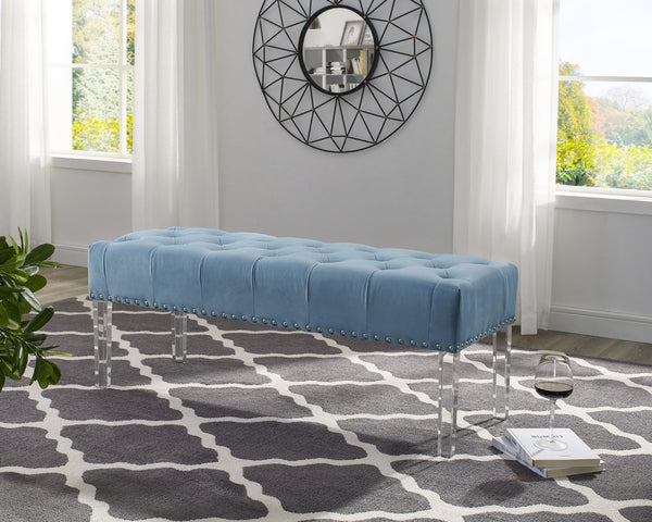 English Elm Valley Velvet Tufted Bench with Nailhead Trim and Clear Acrylic Legs for Bedroom Blue T2574P164592