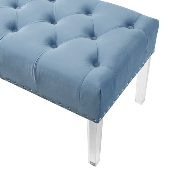 English Elm Valley Velvet Tufted Bench with Nailhead Trim and Clear Acrylic Legs for Bedroom Blue T2574P164592