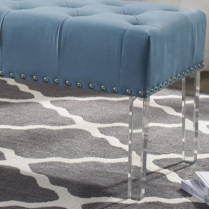 English Elm Valley Velvet Tufted Bench with Nailhead Trim and Clear Acrylic Legs for Bedroom Blue T2574P164592