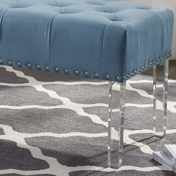 English Elm Valley Velvet Tufted Bench with Nailhead Trim and Clear Acrylic Legs for Bedroom Blue T2574P164592
