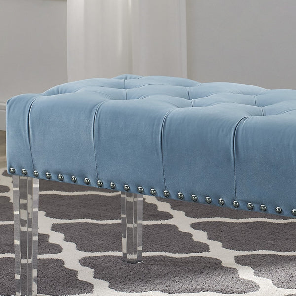 English Elm Valley Velvet Tufted Bench with Nailhead Trim and Clear Acrylic Legs for Bedroom Blue T2574P164592