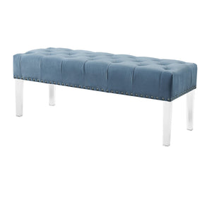 English Elm Valley Velvet Tufted Bench with Nailhead Trim and Clear Acrylic Legs for Bedroom Blue T2574P164592