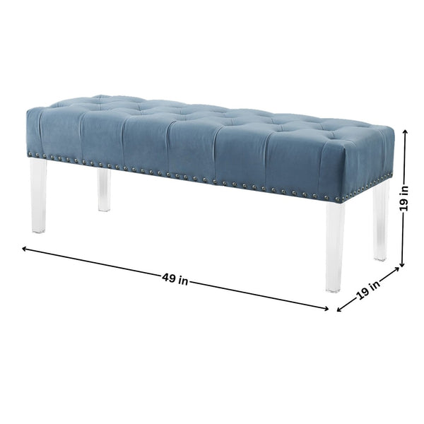English Elm Valley Velvet Tufted Bench with Nailhead Trim and Clear Acrylic Legs for Bedroom Blue T2574P164592