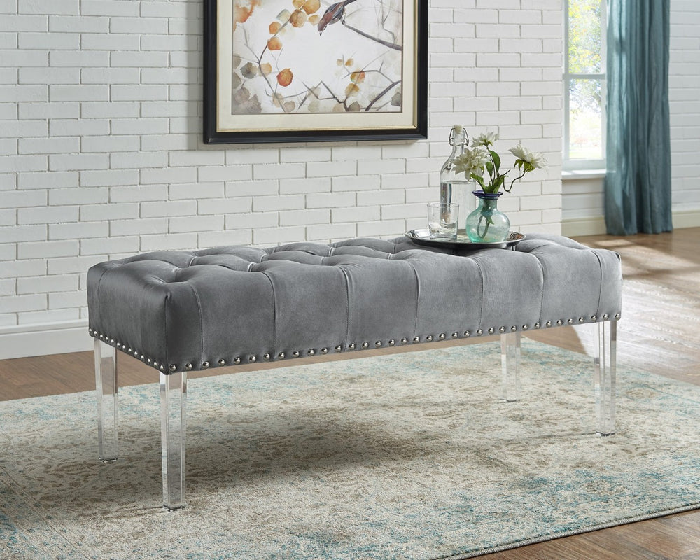 English Elm Valley Velvet Tufted Bench with Nailhead Trim and Clear Acrylic Legs for Bedroom Gray T2574P164593