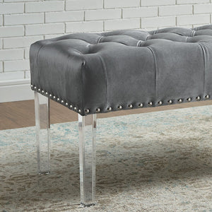 English Elm Valley Velvet Tufted Bench with Nailhead Trim and Clear Acrylic Legs for Bedroom Gray T2574P164593