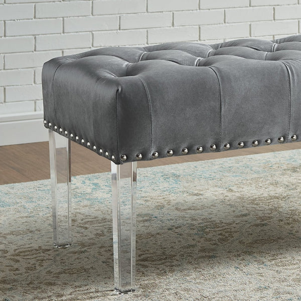 English Elm Valley Velvet Tufted Bench with Nailhead Trim and Clear Acrylic Legs for Bedroom Gray T2574P164593