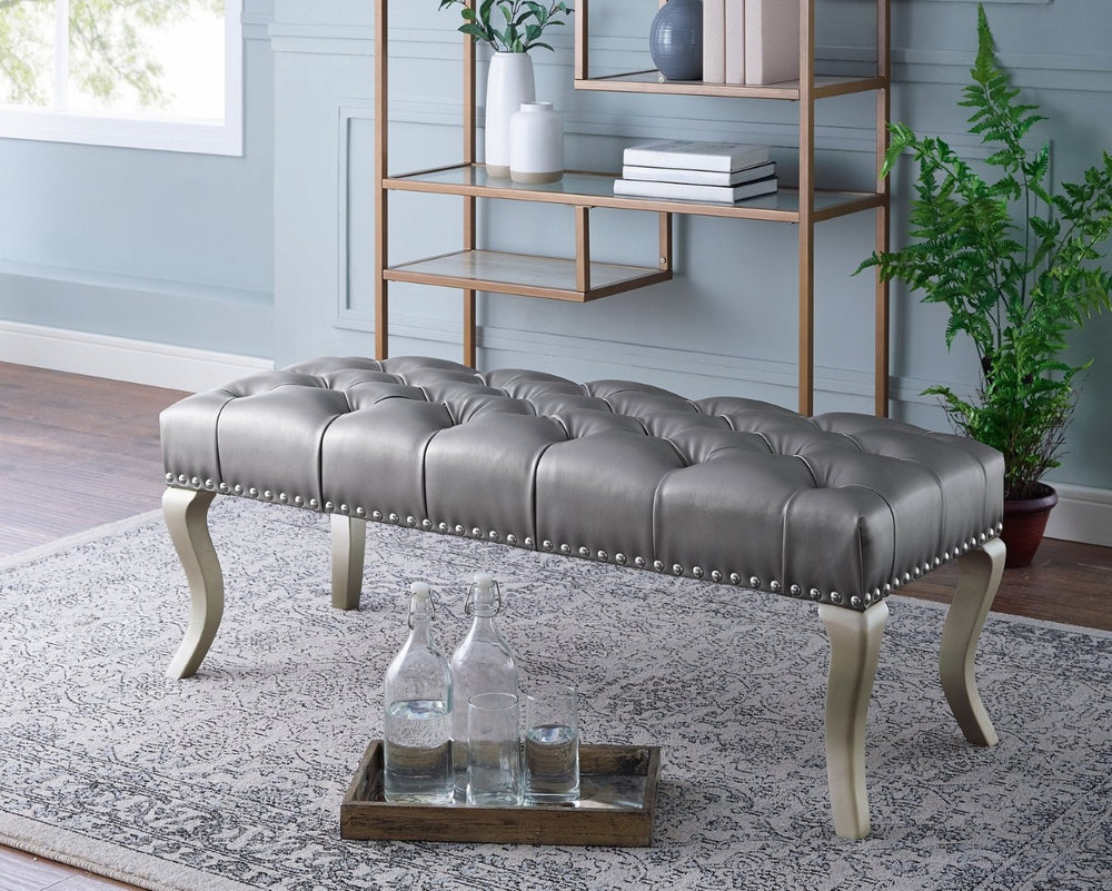 English Elm Decor Maxem Champagne Fabric Bench with Crystal Tufting and Nailhead Trim Accent T2574P164594