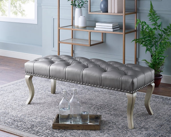 English Elm Decor Maxem Champagne Fabric Bench with Crystal Tufting and Nailhead Trim Accent T2574P164594