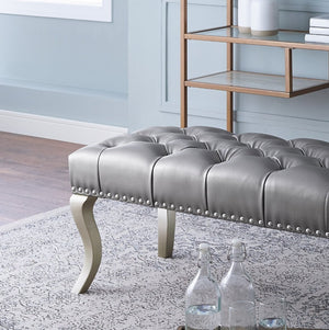 English Elm Decor Maxem Champagne Fabric Bench with Crystal Tufting and Nailhead Trim Accent T2574P164594