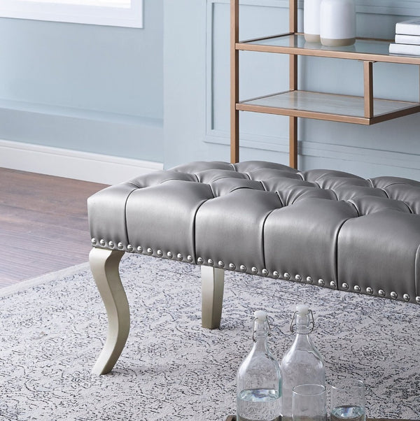 English Elm Decor Maxem Champagne Fabric Bench with Crystal Tufting and Nailhead Trim Accent T2574P164594