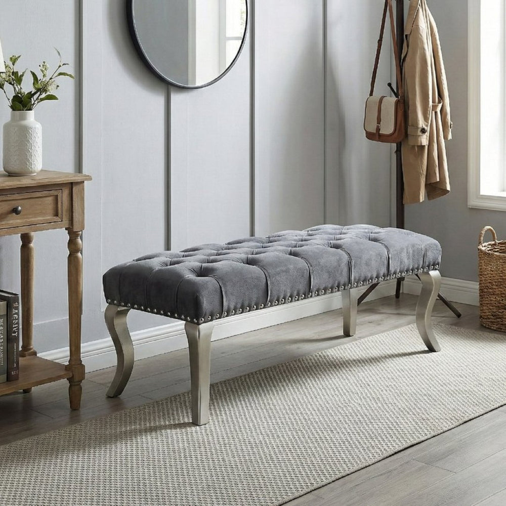 English Elm Decor Maxem Velvet Tufted Bench with Nailhead Trim and Champagne Wood Legs Glam T2574P164595