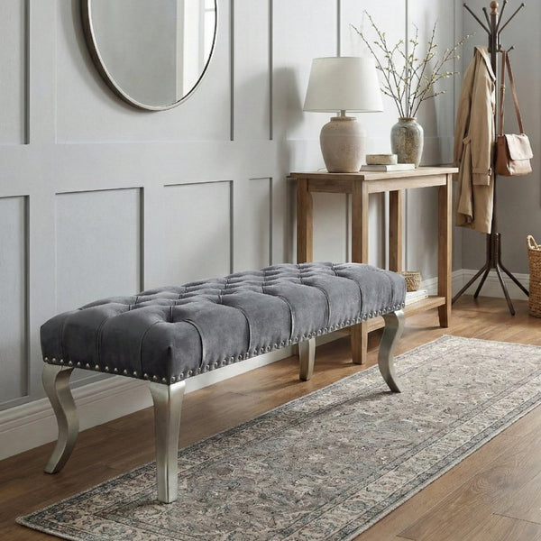 English Elm Decor Maxem Velvet Tufted Bench with Nailhead Trim and Champagne Wood Legs Glam T2574P164595