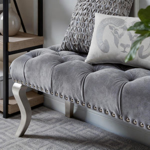 English Elm Decor Maxem Velvet Tufted Bench with Nailhead Trim and Champagne Wood Legs Glam T2574P164595