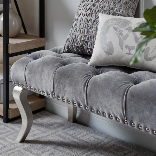 English Elm Decor Maxem Velvet Tufted Bench with Nailhead Trim and Champagne Wood Legs Glam T2574P164595