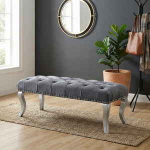 English Elm Decor Maxem Velvet Tufted Bench with Nailhead Trim and Champagne Wood Legs Glam T2574P164595