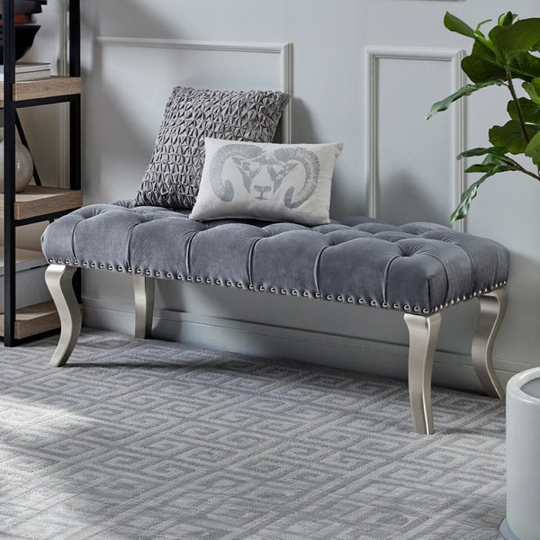 English Elm Decor Maxem Velvet Tufted Bench with Nailhead Trim and Champagne Wood Legs Glam T2574P164595