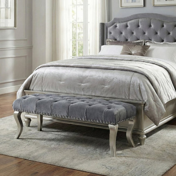 English Elm Decor Maxem Velvet Tufted Bench with Nailhead Trim and Champagne Wood Legs Glam T2574P164595