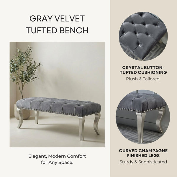 English Elm Decor Maxem Velvet Tufted Bench with Nailhead Trim and Champagne Wood Legs Glam T2574P164595
