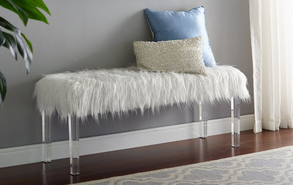 English Elm White Faux Fur Upholstered Bench with Clear Acrylic Legs for Glam Bedroom Decor T2574P164596