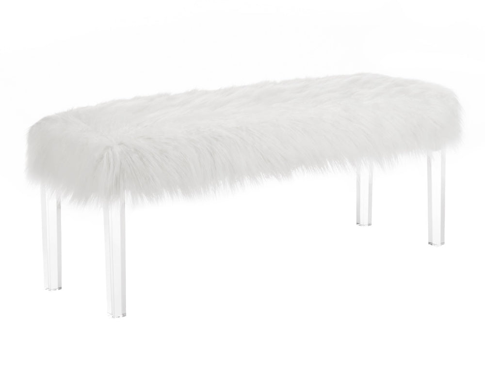 English Elm White Faux Fur Upholstered Bench with Clear Acrylic Legs for Glam Bedroom Decor T2574P164596