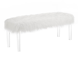 English Elm White Faux Fur Upholstered Bench with Clear Acrylic Legs for Glam Bedroom Decor T2574P164596