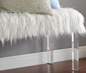 English Elm White Faux Fur Upholstered Bench with Clear Acrylic Legs for Glam Bedroom Decor T2574P164596