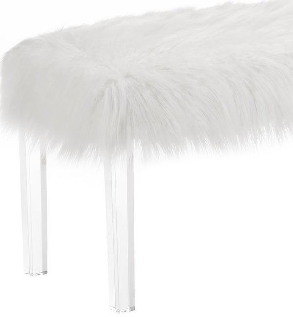 English Elm White Faux Fur Upholstered Bench with Clear Acrylic Legs for Glam Bedroom Decor T2574P164596