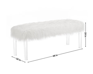 English Elm White Faux Fur Upholstered Bench with Clear Acrylic Legs for Glam Bedroom Decor T2574P164596