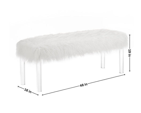 English Elm White Faux Fur Upholstered Bench with Clear Acrylic Legs for Glam Bedroom Decor T2574P164596