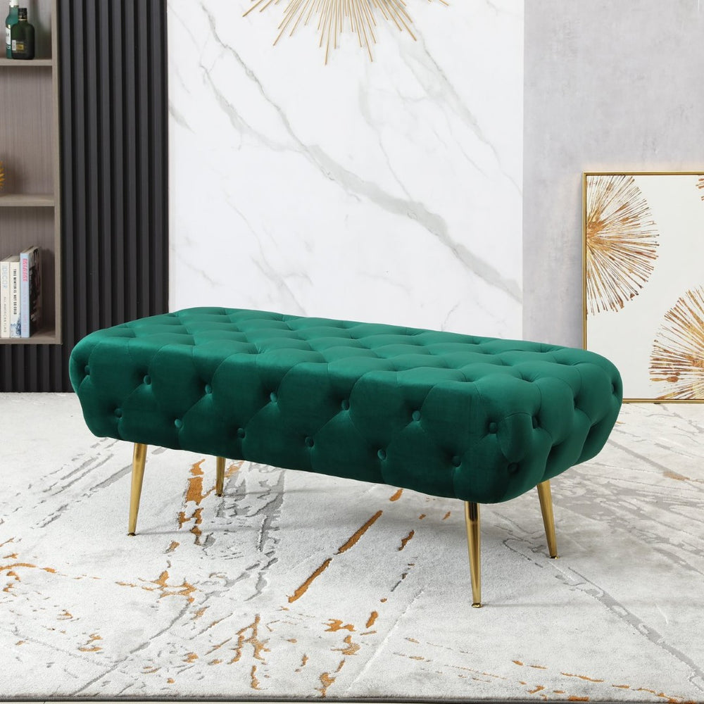 English Elm Sira Emerald Velvet Tufted Bench with Gleaming Gold Legs for Bedroom or Entryway T2574P164598