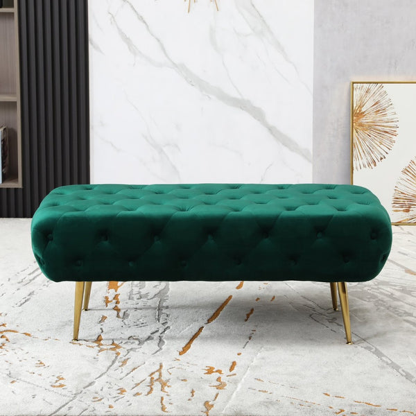 English Elm Sira Emerald Velvet Tufted Bench with Gleaming Gold Legs for Bedroom or Entryway T2574P164598