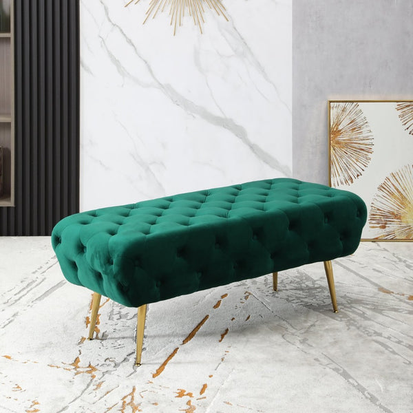 English Elm Sira Emerald Velvet Tufted Bench with Gleaming Gold Legs for Bedroom or Entryway T2574P164598