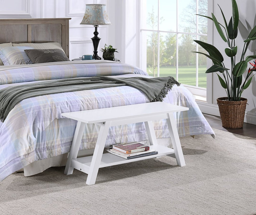 English Elm Elyz Farmhouse Solid Pine Wood Entryway Bench with Lower Shelf in White Finish T2574P164602