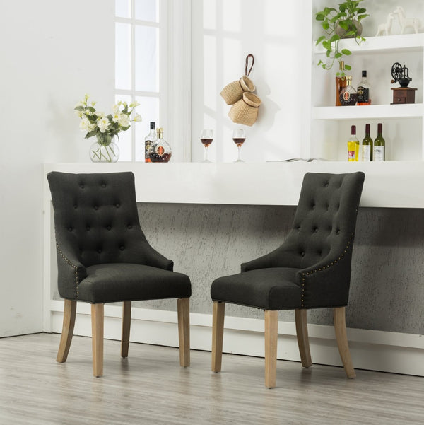 English Elm Charcoal Linen Wingback Dining Chairs with Gold Nail Heads and Button Tufting Set of 2 T2574P164606