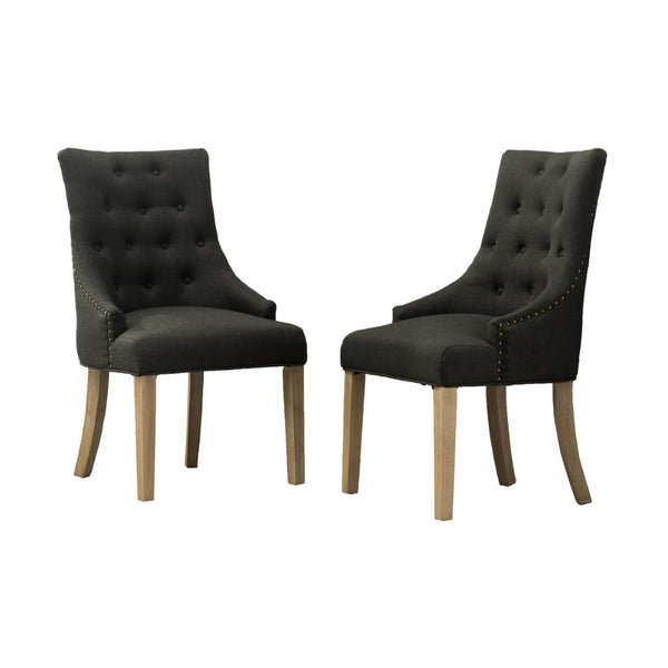 English Elm Charcoal Linen Wingback Dining Chairs with Gold Nail Heads and Button Tufting Set of 2 T2574P164606