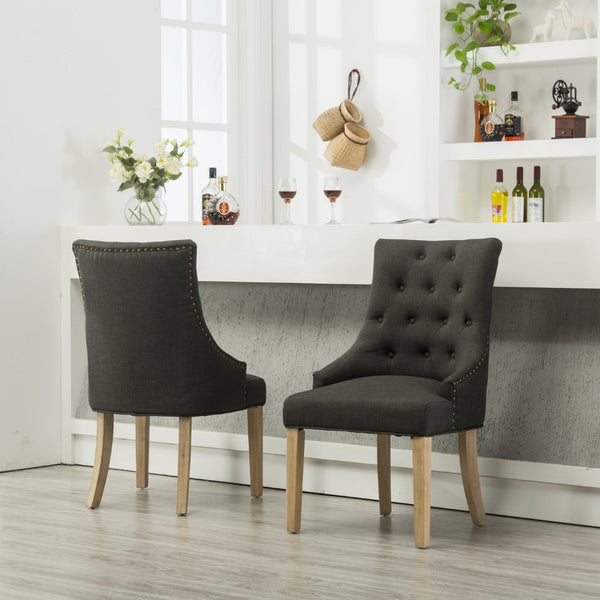 English Elm Charcoal Linen Wingback Dining Chairs with Gold Nail Heads and Button Tufting Set of 2 T2574P164606